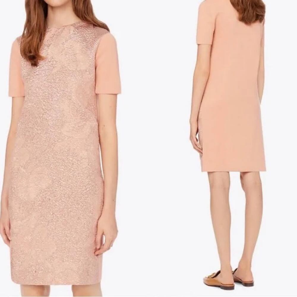 Tory Burch Floral Cloque Rose Gold Short Sleeve Wool Sweater Dress Size S